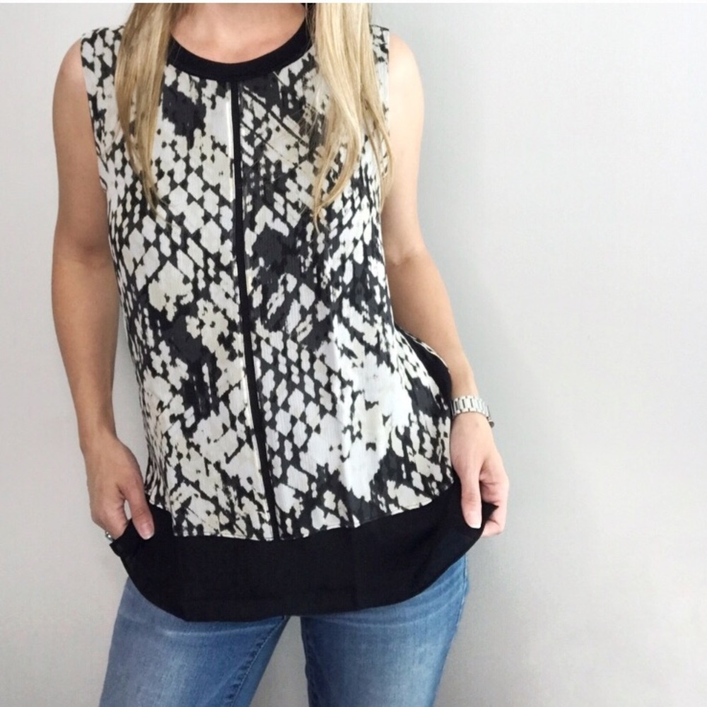 VINCE Basketweave Print Double layer Black and Cream sleeveless silk top